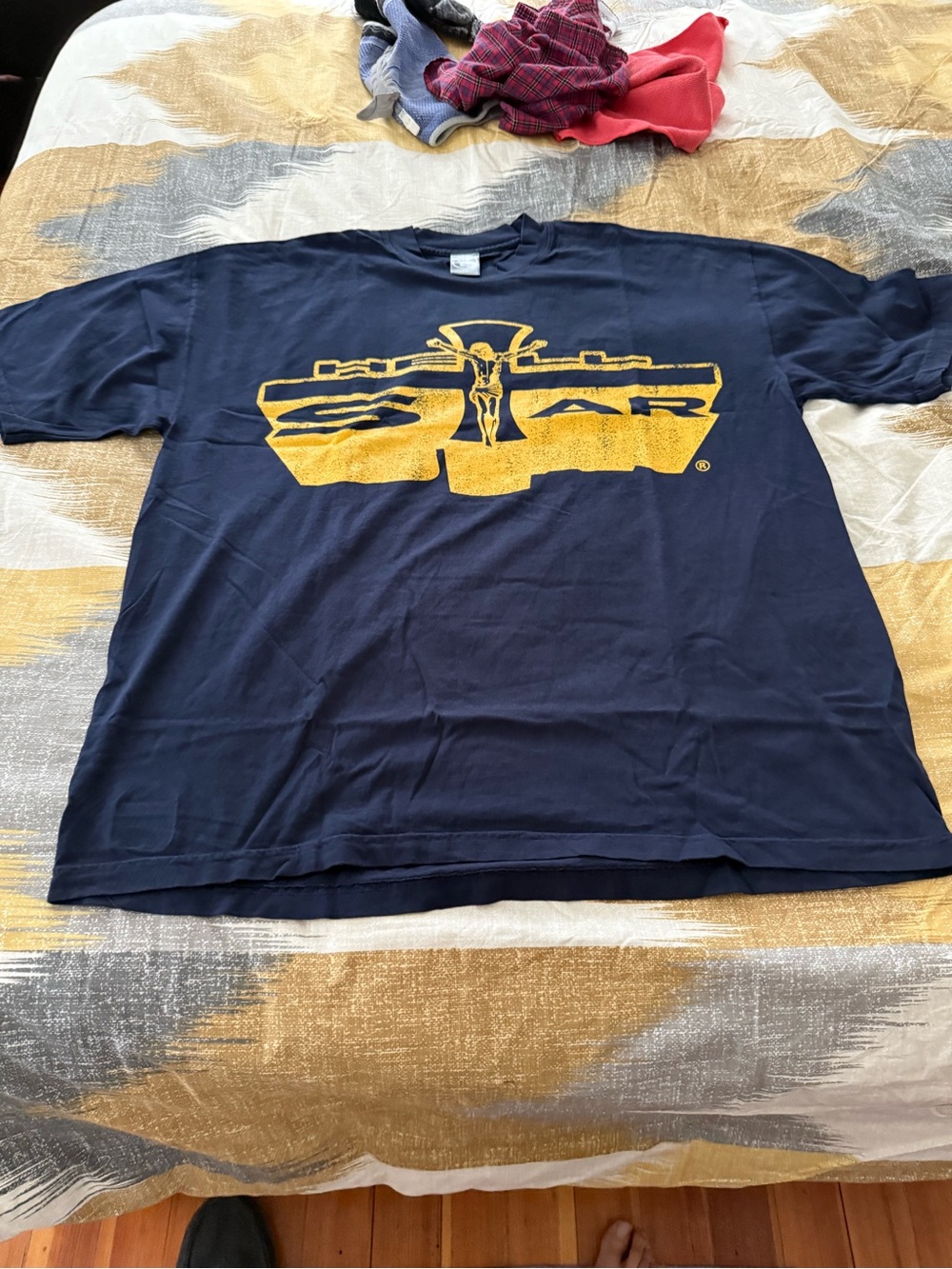 Hellstar Jesus Emblem Navy Graphic T-Shirt - Men's Navy and Gold
